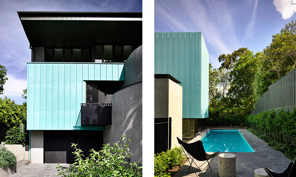 Pre-aged copper cladding panels create a green façade for Eaglemont House by Kennedy Nolan Architects. Photography by Derek Swalwell