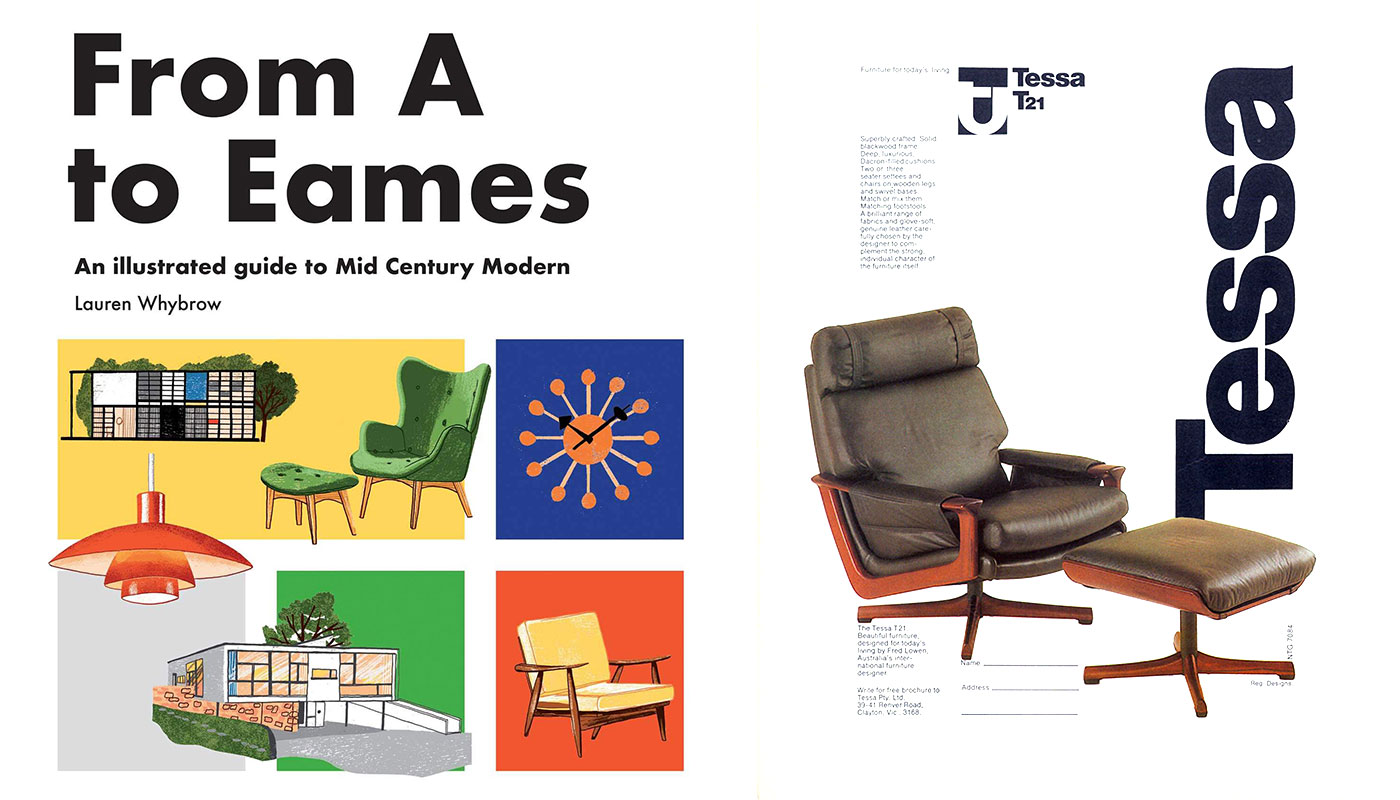 Left: ‘From A to Eames’ published in 2019, this book identifies signature mid-century designers - Right: A 1970s advertisement for the Tessa T21 swivel chair from Vogue Living magazine