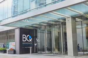 Frameless Glazed Satin Stainless Steel Canopy. 1 Broadgate Quarter, Snowden St, London, EC2A 2AW - Architects: John Robertson Architects - Stainless Steel Canopy: John Desmond Ltd.