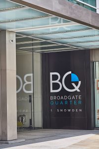 Frameless Glazed Satin Stainless Steel Canopy. 1 Broadgate Quarter, Snowden St, London, EC2A 2AW - Architects: John Robertson Architects. - Stainless Steel Canopy: John Desmond Ltd. - The canopy creates a contemporary context for the rebranding of Broadgate Quarter.