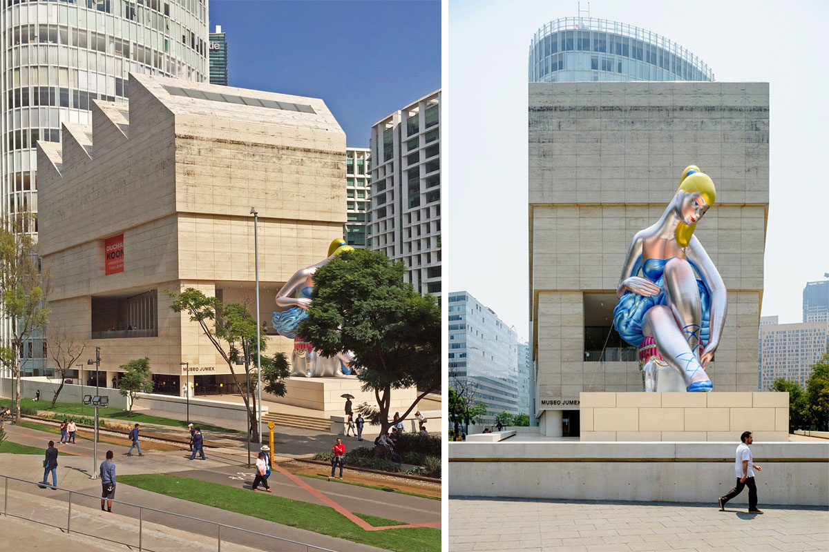 Left: Mexico City’s Jumex Museum, designed by David Chipperfield Architects opened in 2013 and houses the Colección Jumex, the private art collection of Eugenio López Alonso. Alonso is the sole heir of the Jumex juice empire. Photograph by Antonio Moll - Right: Jeff Koons’ 45-foot-high inflatable nylon sculpture - Seated Ballerina - outside the Jumex Museum. The work is a contemporary interpretation of the mythological goddess Venus. Photograph by Moritz Bernoully.