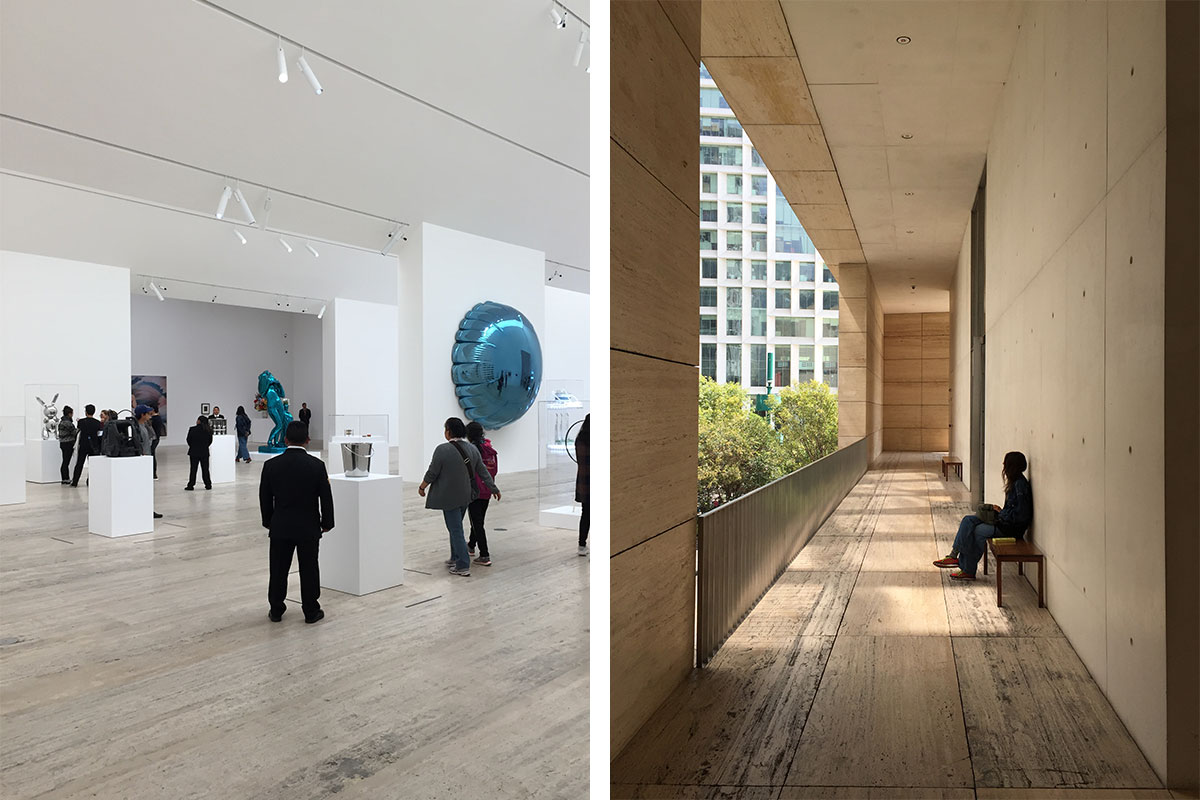 Left: The top floor at the Jumex Museum is the biggest exhibition space in the building. It is lit by  saw-tooth skylights which from the outside give the impression of a large studio. Photograph by Antonio Moll. - Right: Balconies extend on all four sides from the first floor gallery space at the Jumex Museum in Mexico City, giving visitors an opportunity to observe life in the busy piazza below. Photograph by Antonio Moll