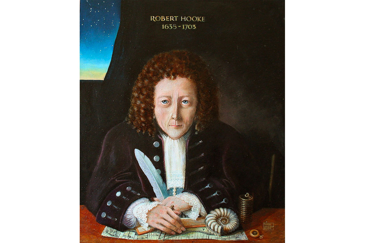 Posthumous portrait of Robert Hooke by Rita Greer (2004) depicted with a spring, pocket watch and map of London which he helped to rebuild after the Great Fire in 1666.