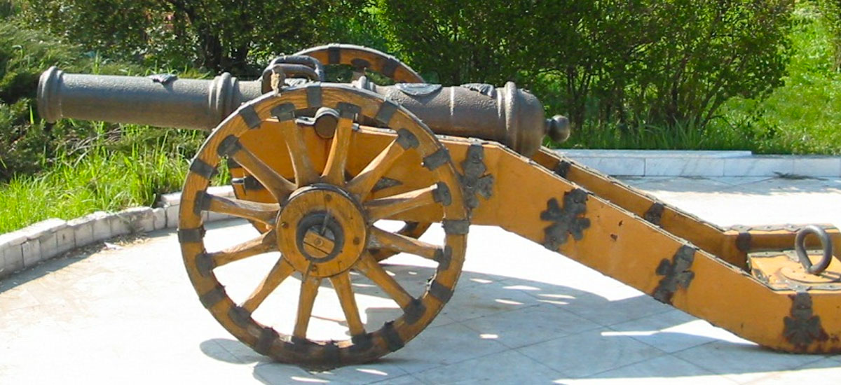 A small English Civil War-era cannon. Cannons are one of the many weapons that humans have cast from iron for use in warfare over the centuries.
