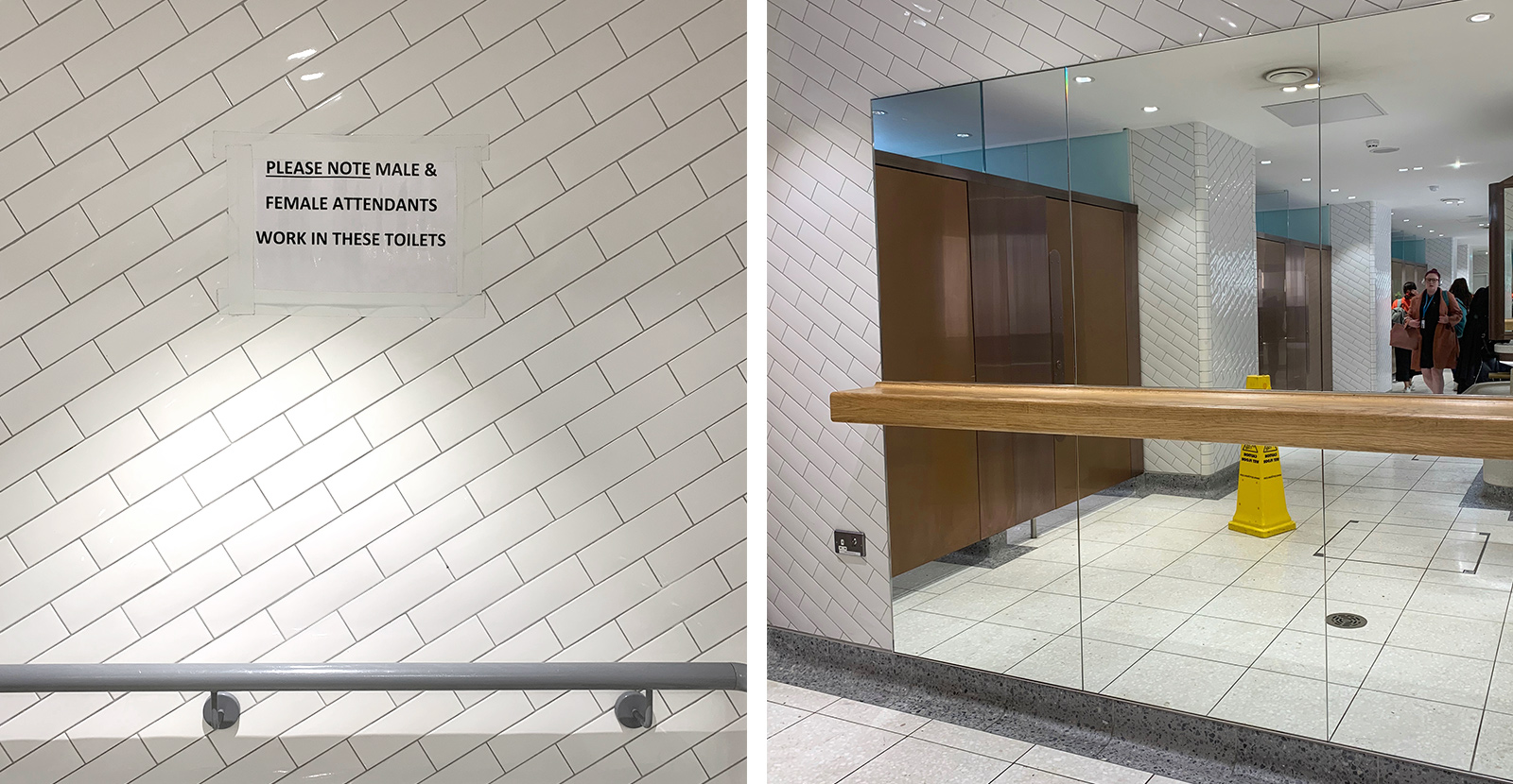 Left: With no provisions for notices, the only option is to hang makeshift signs applied to the wall with tape. London Victoria Rail Station WC. - Right: A large mirror and the far end of the facilities is wise choice in providing enough space for those applying makeup without blocking access to a handbasin. London Victoria Rail Station WC.