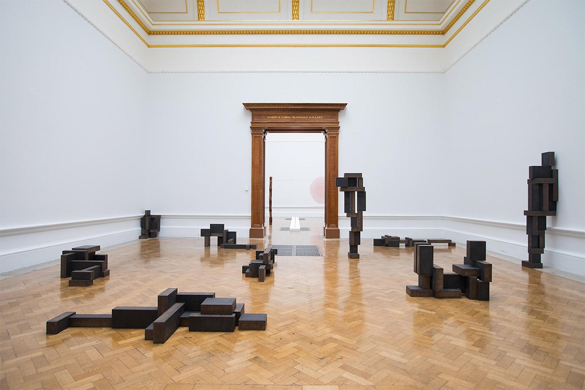 Slabworks - solid steel blocks precisely cut and arranged to represent human figures in diverse situations by Antony Gormley, exhibited at the Royal Academy. Photograph: David Parry
