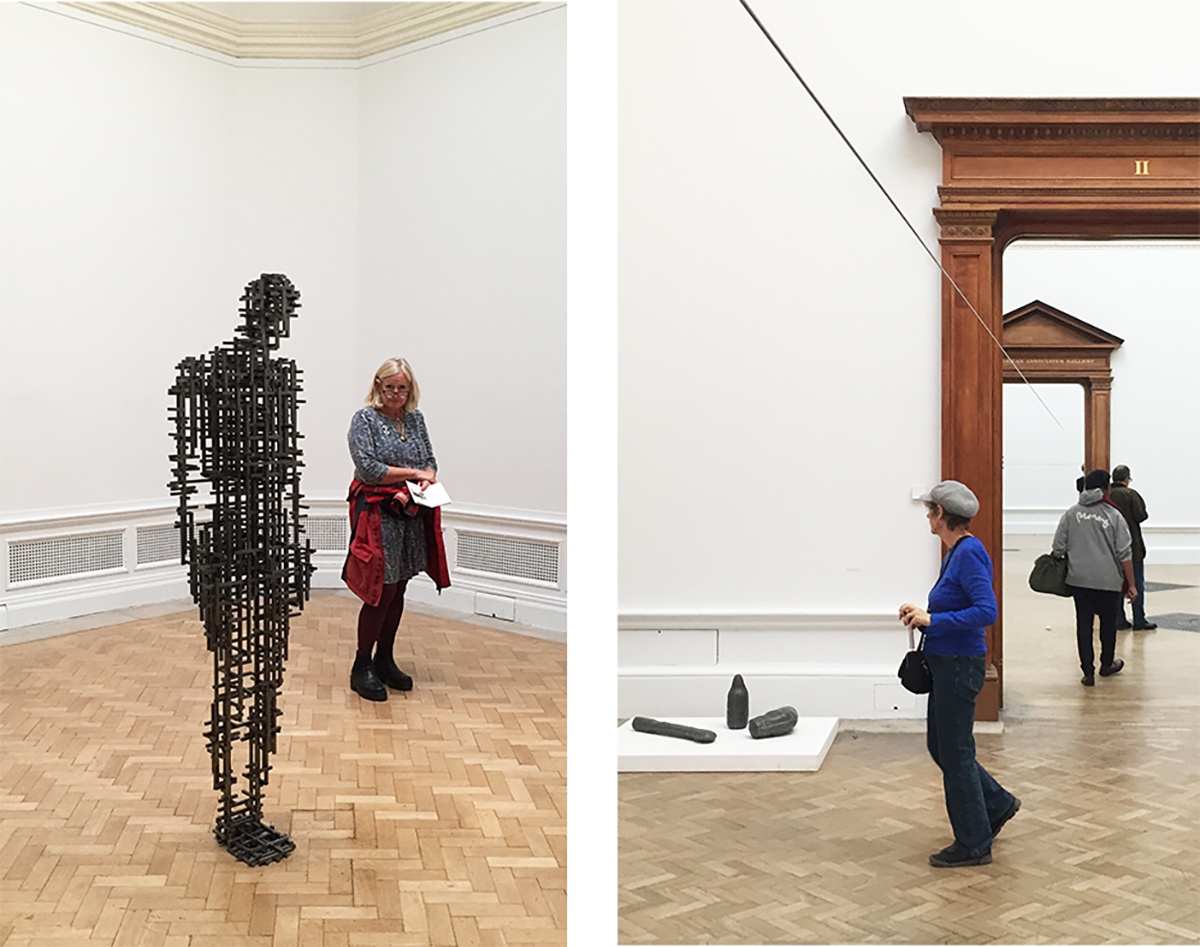 On the Left: Subject II - without a plinth visitors are invited to share the space with the steel sculpture at Antony Gormley’s exhibition in the Royal Academy. || On the right: Co-ordinate VI - the steel bar crosses three rooms materialising a perfect horizontal line with no clue as to how it is suspended. Installation by Antony Gormley at the Royal Academy. Photographs: Antonio Moll