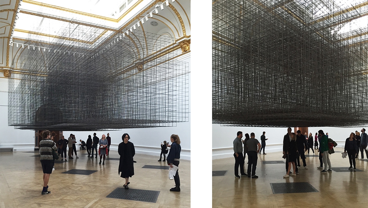 Matrix III - 21 rectangular volumes created by steel rods, the size of an average European bedroom, intersect in the air. Installation by Antony Gormley at the Royal Academy. Photographs: Antonio Moll