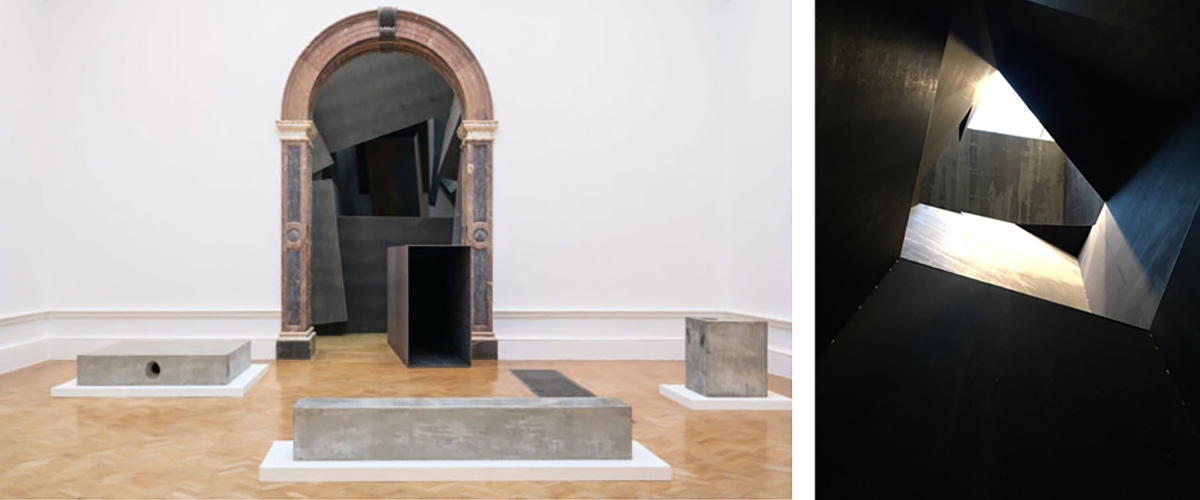 On the left: Cave by Antony Gormley at the Royal Academy. Visitors can either crawl through the left foot of the sculpture and explore the dark interior or walk around it. Photograph: David Parry. || On the right: Cave - a view from inside the sculpture looking up. One of several artworks and installations in the Antony Gormley exhibition at the Royal Academy. Photograph: Antonio Moll