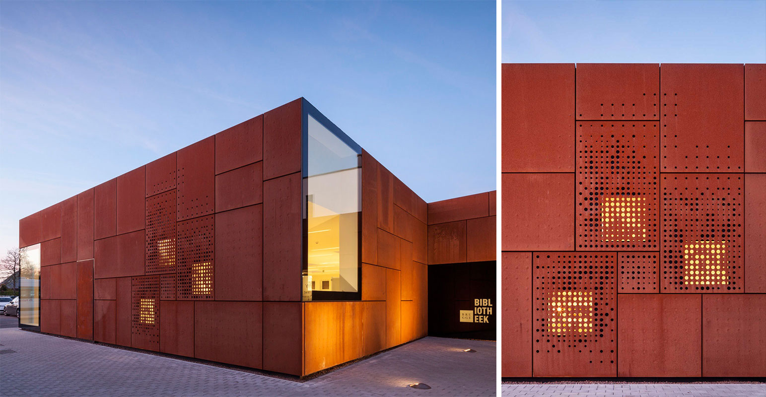 Extension to the City Library in Bruges designed by Belgian architects Studio Farris. The building is clad in Corten steel panels and was opened to the public in 2015. Photography by Tim Van de Velde.