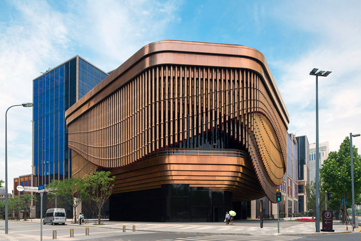 The Cultural Centre in Shanghai’s The Bund Finance Centre was designed by Heatherwick Studio and Foster + Partners to reflect the open stages of traditional Chinese theatres. Photograph by Tim Franco.