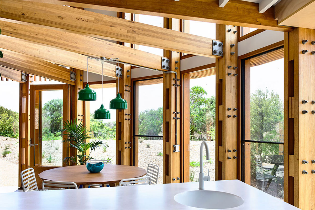 St Andrew’s Beach House on the Mornington peninsula in southern Australia. Constructed from timber and solar-powered, the building was designed by architects Austin Maynard. Photograph by Derek Swalwell.