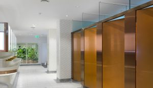 Interior of upgraded toilets at Victoria Station, London. - Showing contrast in cubicle door and surround achieved through turning the grain of the stainless steel 45 degrees. PVD coloured stainless steel in Rose Gold Hairline. - Client: Network Rail - Architects: Landolt + Brown - Fitout: Maxwood Washrooms - PVD coloured stainless steel by Double Stone Steel - Architectural metalwork by John Desmond Ltd