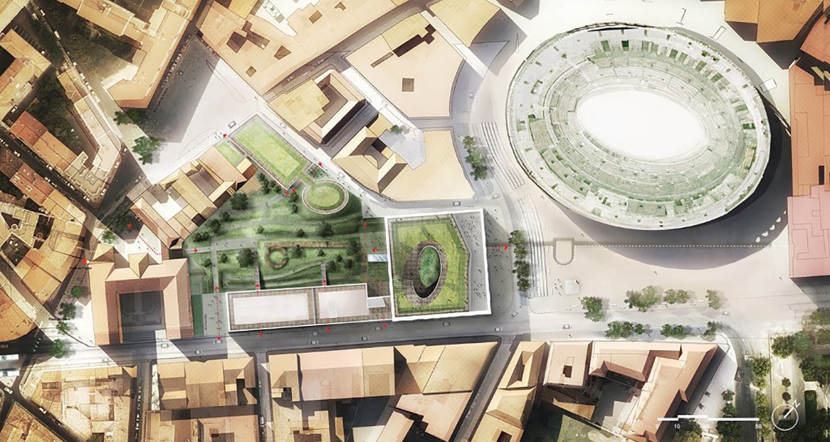 Site masterplan showing the ancient Roman Arena and the new Roman Museum in the French city of Nîmes. A central thoroughfare links the arena, museum and archaeological garden beyond.