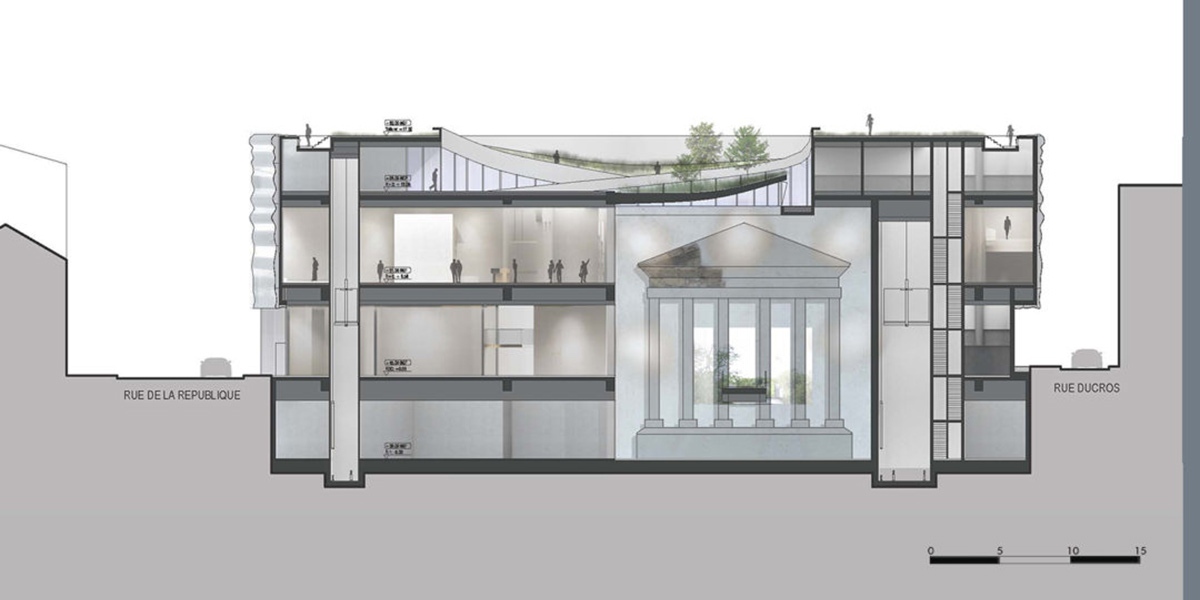 Cross-section of the Roman Museum in the French city of Nîmes, designed by architect Elizabeth de Portzamparc. Included in the non-exhibitory spaces are an auditorium and roof-terrace.