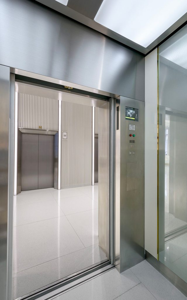 PVD coloured stainless steel in Nickel Hairline and Chrome Vibration for elevator cab interior. - Krungsri Ploenchit Tower, Thailand. - Elevator: A global elevator brand - Architecture and design: Palmer & Turner, Hong Kong - PVD coloured stainless steel by Double Stone Steel in partnership with John Desmond Ltd.