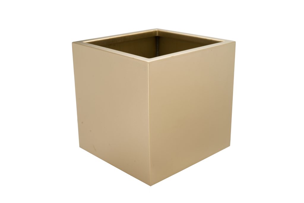 600 x 600 mm planter in PVD coloured stainless steel Almond Gold Vibration. PVD will not age or develop a patina. Suitable for outdoor use.