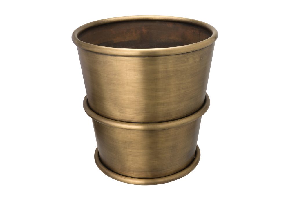 600mm diameter by 800mm high planter in patinated brass prior to continued ageing process. Suitable for outdoor use.