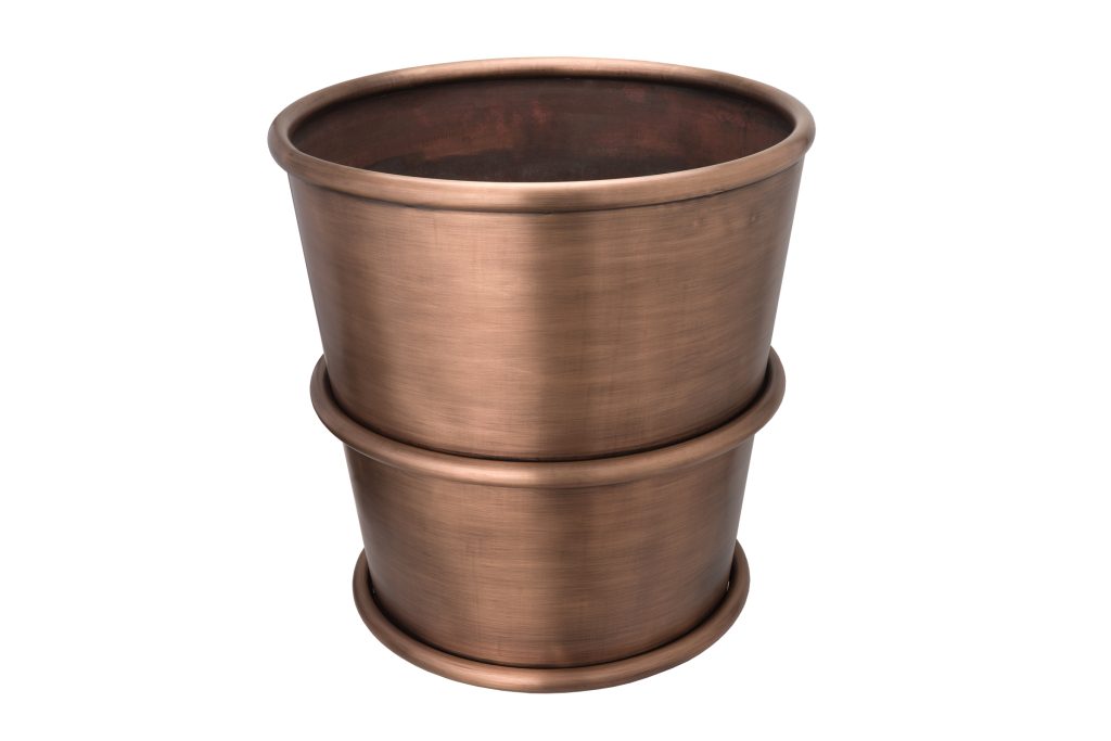 600mm diameter by 800mm high planter in patinated copper prior to continued ageing process. Suitable for outdoor use.