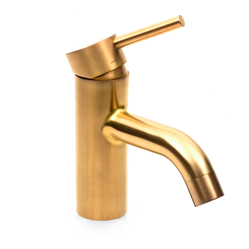 This contemporary tap by Dolphin Solutions is not brass but Brass PVD coloured stainless steel.  The stainless steel used has a Brushed finish and you can see the surface of the tap has a soft, semi-matt sheen rather than a high shine as a result.