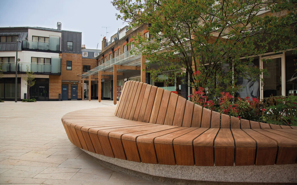 Halkin Arcade, 19 Motcomb St, London SW1X 8LB - Main Contractor: F.M.Conway - Canopy supports and bench seating: Woodscape Ltd - Structural Steelwork: John Desmond Ltd